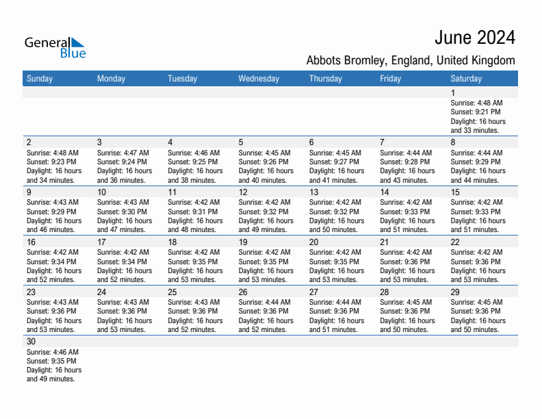 Abbots Bromley June 2024 sunrise and sunset calendar in PDF, Excel, and Word