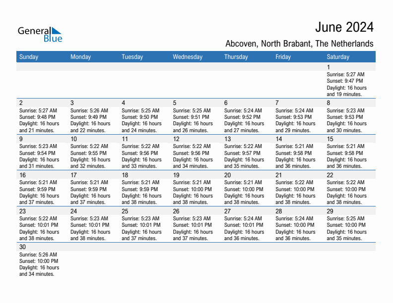 Abcoven June 2024 sunrise and sunset calendar in PDF, Excel, and Word