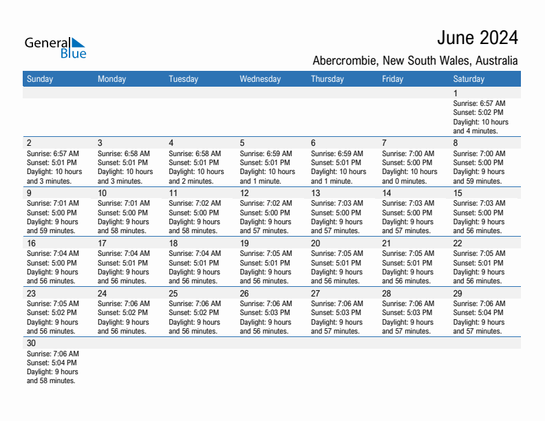 Abercrombie June 2024 sunrise and sunset calendar in PDF, Excel, and Word