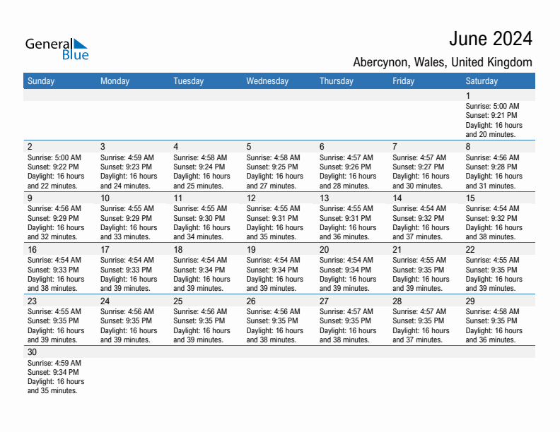 Abercynon June 2024 sunrise and sunset calendar in PDF, Excel, and Word