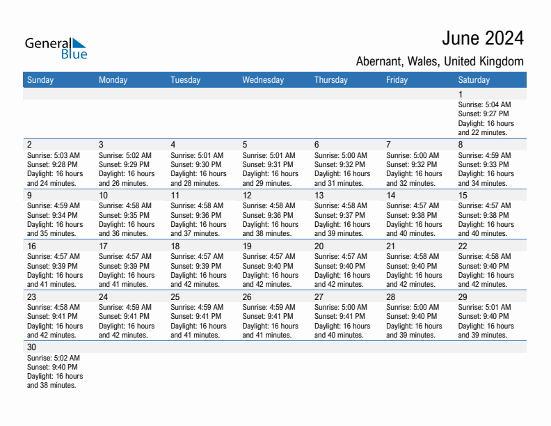 Abernant June 2024 sunrise and sunset calendar in PDF, Excel, and Word