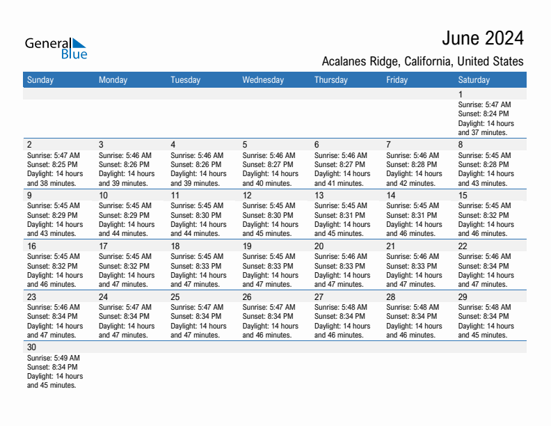 Acalanes Ridge June 2024 sunrise and sunset calendar in PDF, Excel, and Word