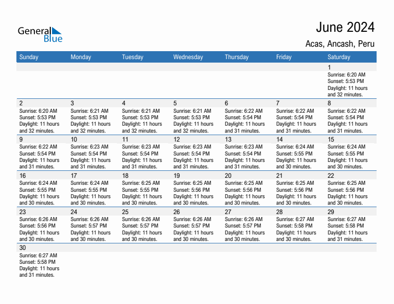 Acas June 2024 sunrise and sunset calendar in PDF, Excel, and Word