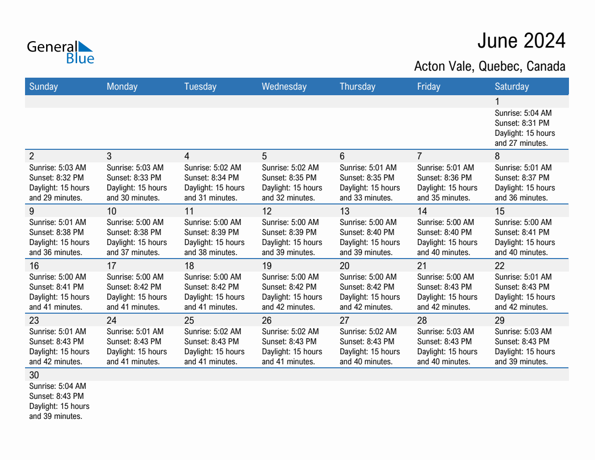 June 2024 sunrise and sunset calendar for Acton Vale