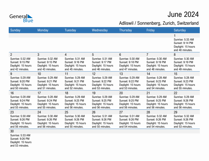 Adliswil / Sonnenberg June 2024 sunrise and sunset calendar in PDF, Excel, and Word