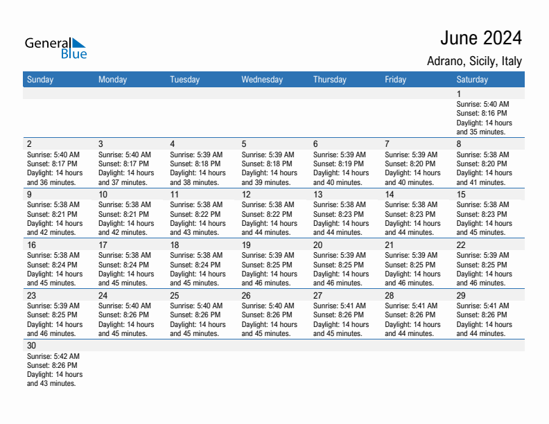 Adrano June 2024 sunrise and sunset calendar in PDF, Excel, and Word