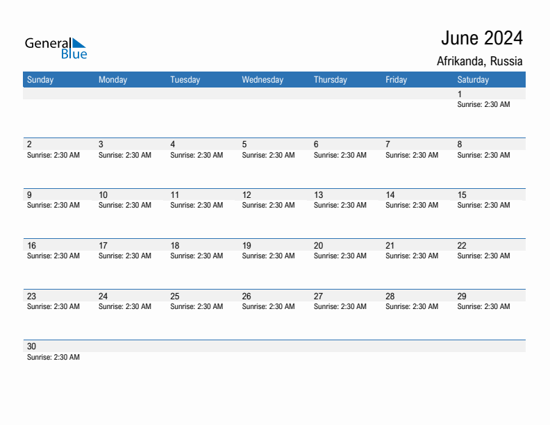 Afrikanda June 2024 sunrise and sunset calendar in PDF, Excel, and Word