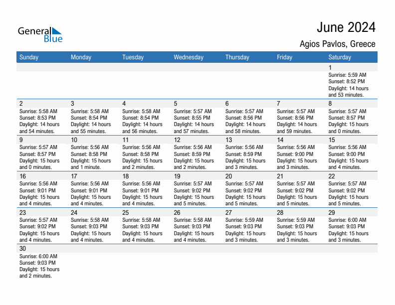 Agios Pavlos June 2024 sunrise and sunset calendar in PDF, Excel, and Word