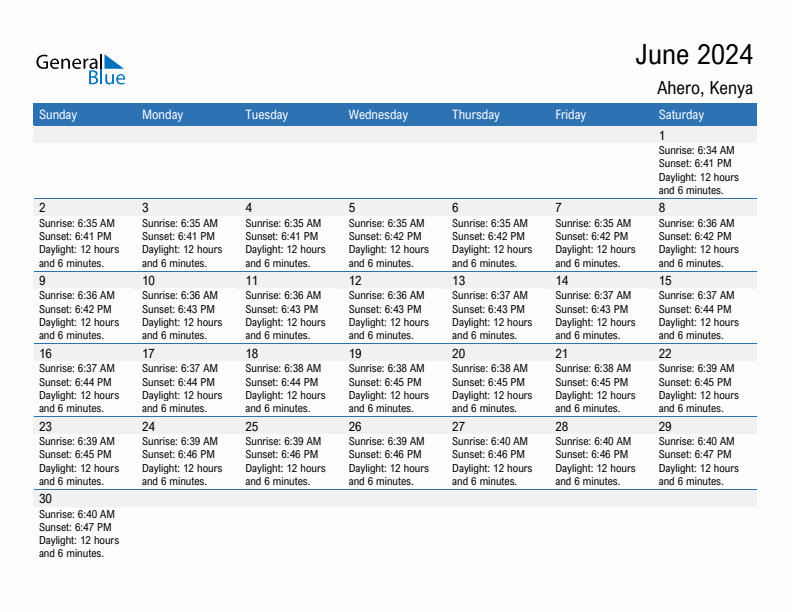 Ahero June 2024 sunrise and sunset calendar in PDF, Excel, and Word