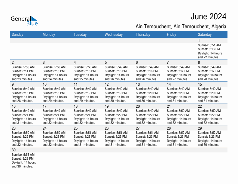 Ain Temouchent June 2024 sunrise and sunset calendar in PDF, Excel, and Word