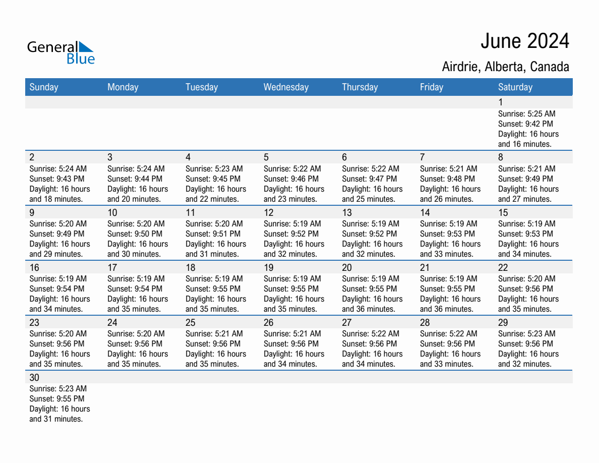 June 2024 sunrise and sunset calendar for Airdrie