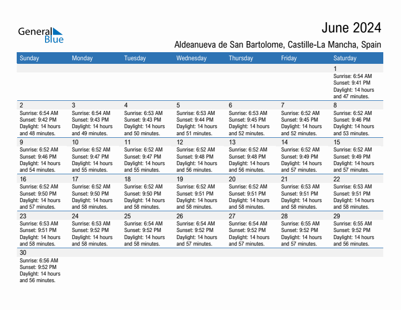 Aldeanueva de San Bartolome June 2024 sunrise and sunset calendar in PDF, Excel, and Word