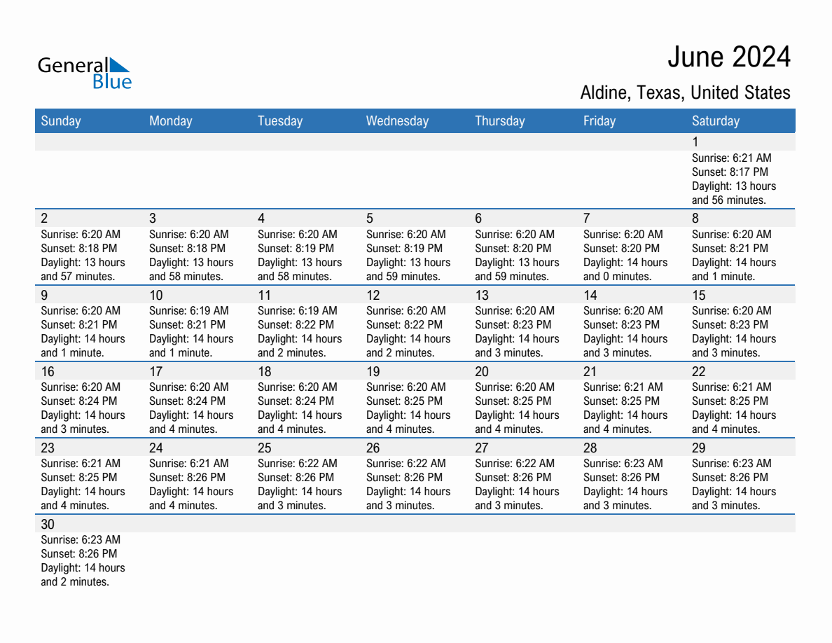 June 2024 Sunrise and Sunset Calendar for Aldine (PDF, Excel, Word)