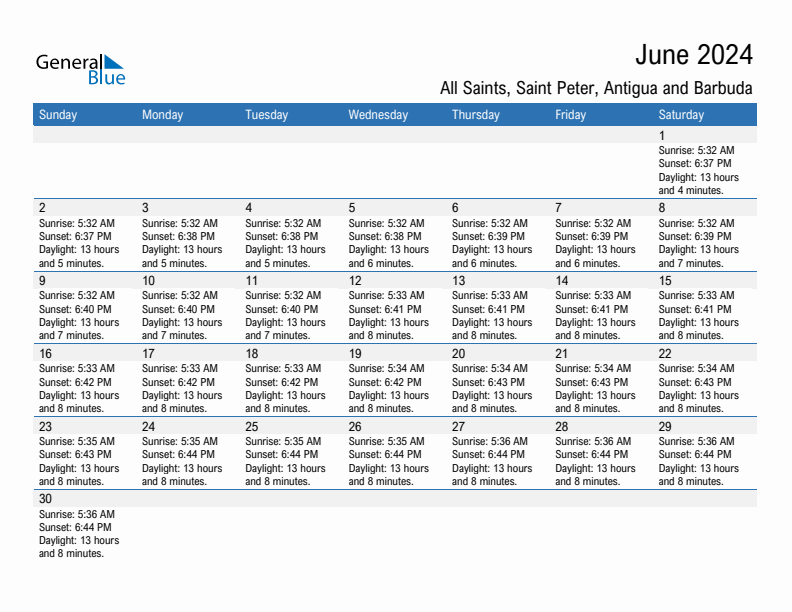 All Saints June 2024 sunrise and sunset calendar in PDF, Excel, and Word