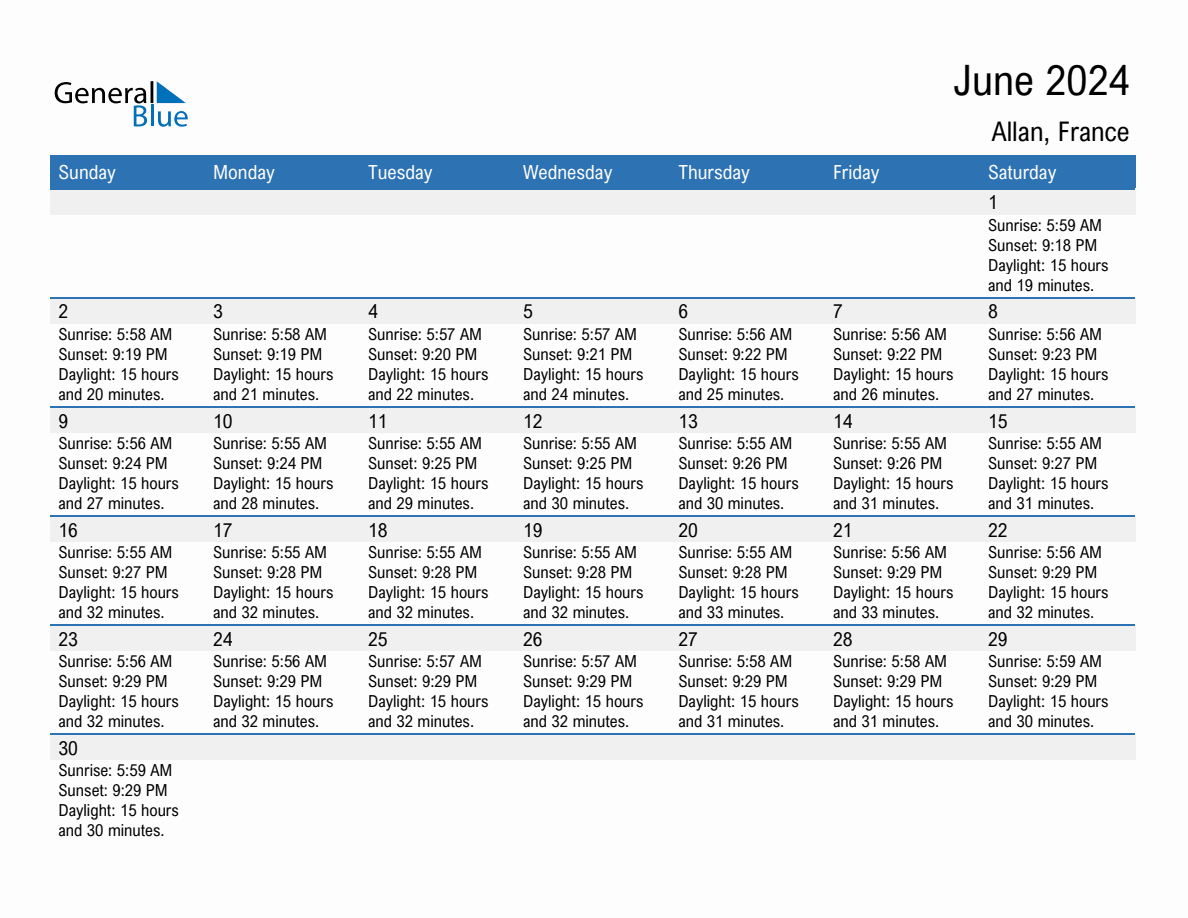 June 2024 Sunrise and Sunset Calendar for Allan (PDF, Excel, Word)