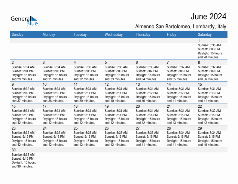 Almenno San Bartolomeo June 2024 sunrise and sunset calendar in PDF, Excel, and Word