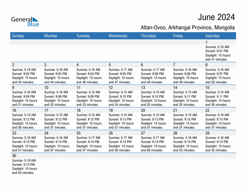 Altan-Ovoo June 2024 sunrise and sunset calendar in PDF, Excel, and Word