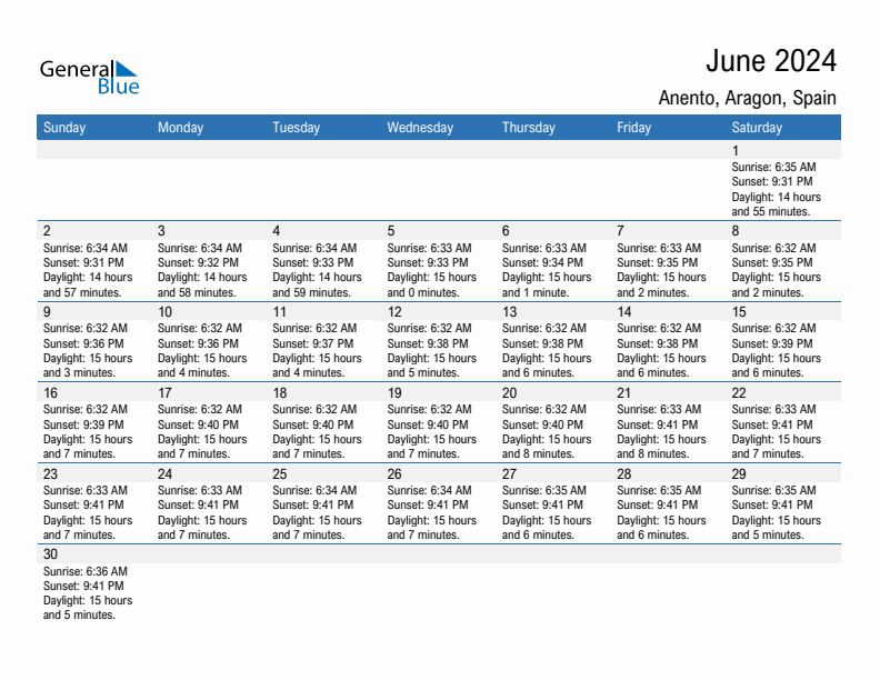 Anento June 2024 sunrise and sunset calendar in PDF, Excel, and Word