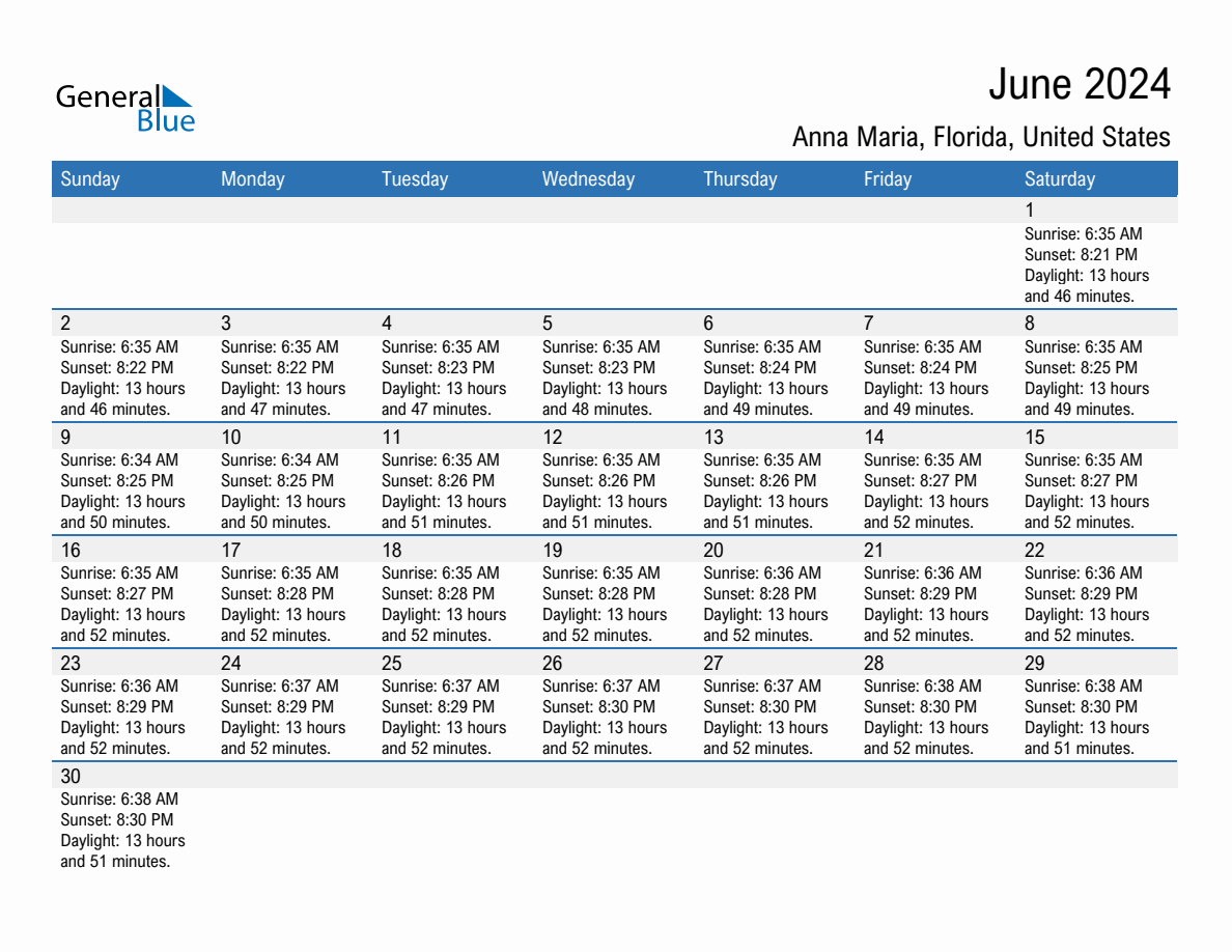 June 2024 Sunrise and Sunset Calendar for Anna Maria (PDF Excel Word)