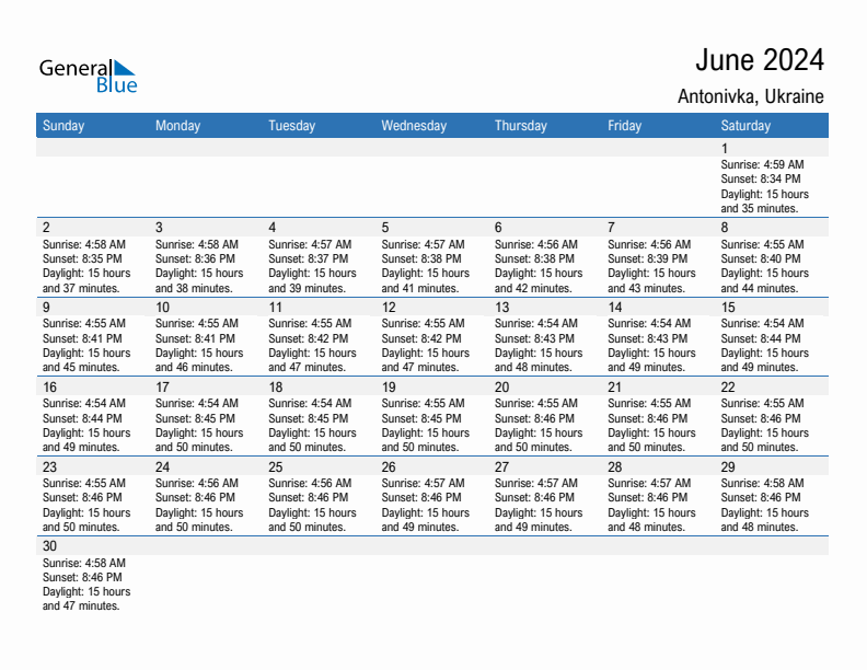 Antonivka June 2024 sunrise and sunset calendar in PDF, Excel, and Word