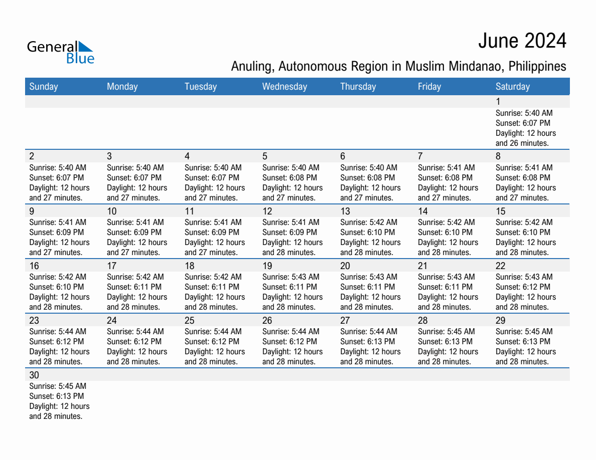 June 2024 sunrise and sunset calendar for Anuling