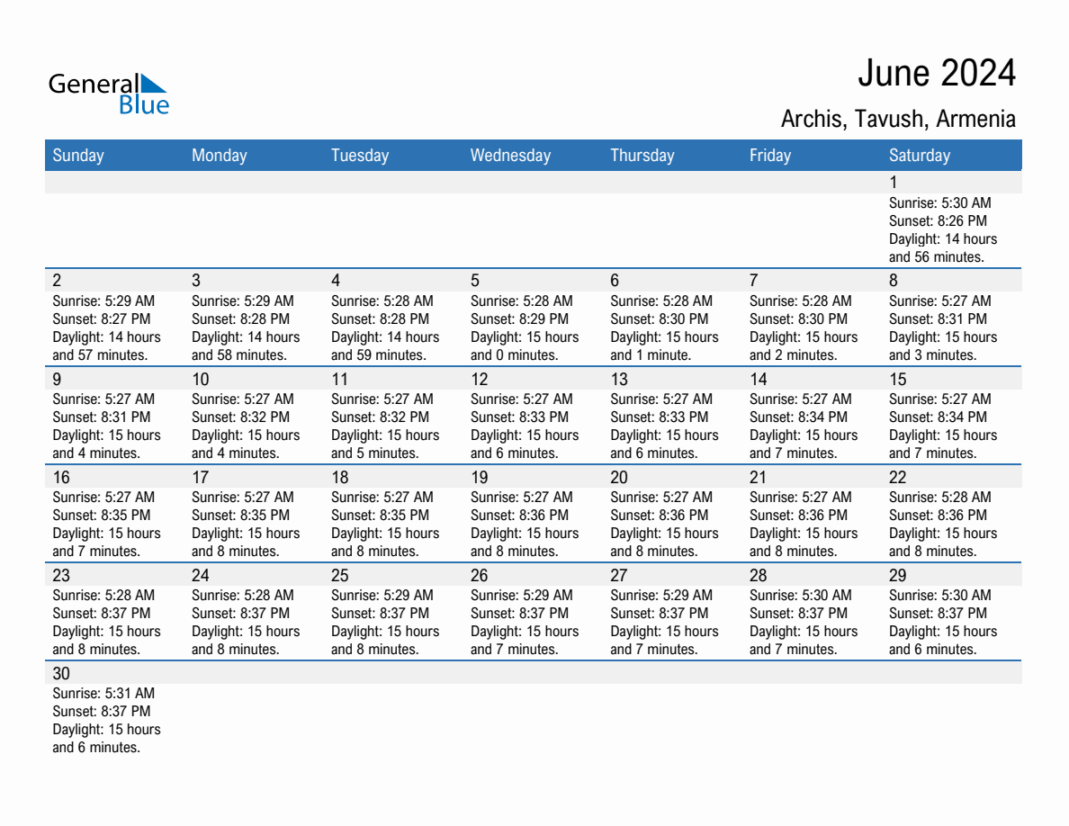 June 2024 sunrise and sunset calendar for Archis