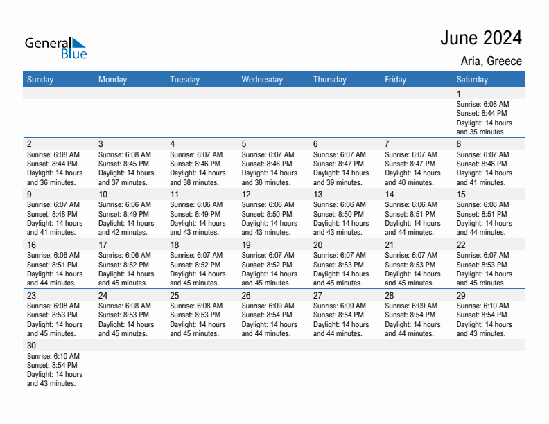 June 2024 Sunrise and Sunset Calendar for Aria (PDF, Excel, Word)