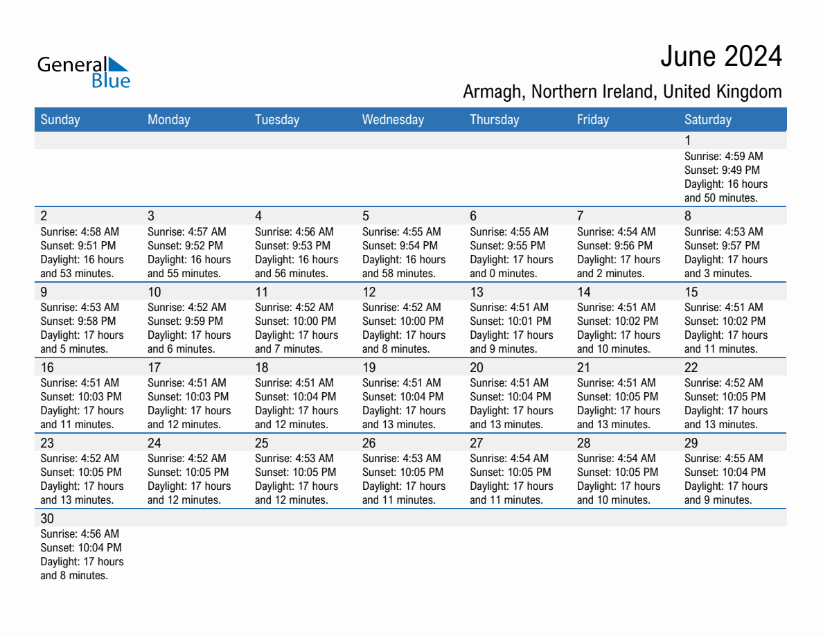 June 2024 sunrise and sunset calendar for Armagh
