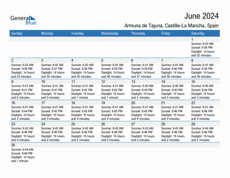 Armuna de Tajuna June 2024 sunrise and sunset calendar in PDF, Excel, and Word