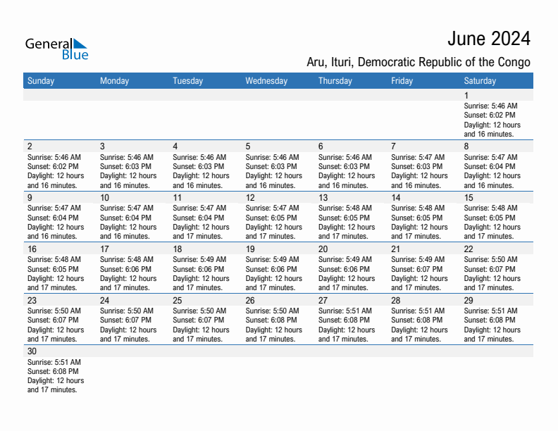 Aru June 2024 sunrise and sunset calendar in PDF, Excel, and Word