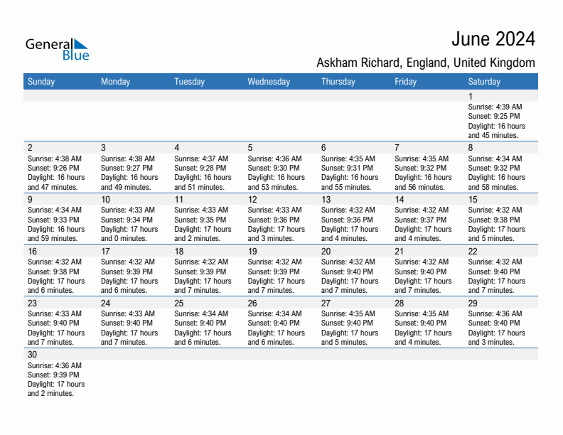 Askham Richard June 2024 sunrise and sunset calendar in PDF, Excel, and Word