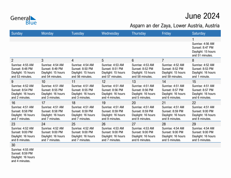 Asparn an der Zaya June 2024 sunrise and sunset calendar in PDF, Excel, and Word