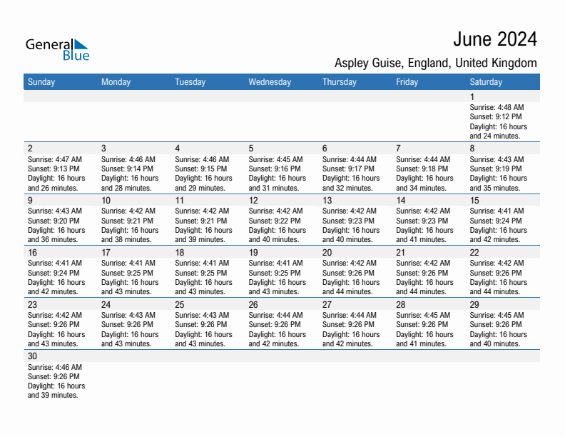 Aspley Guise June 2024 sunrise and sunset calendar in PDF, Excel, and Word