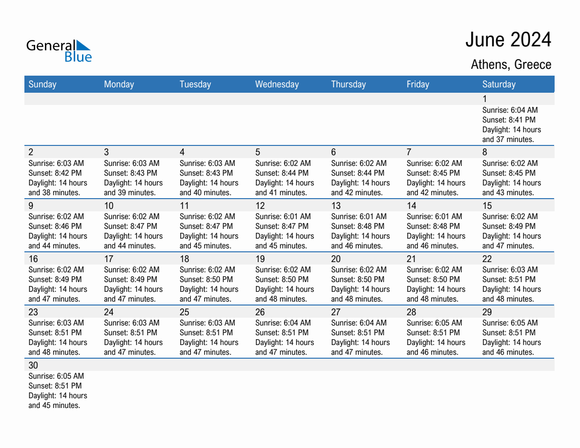 June 2024 sunrise and sunset calendar for Athens