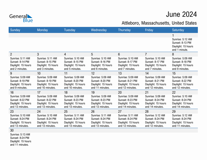Attleboro June 2024 sunrise and sunset calendar in PDF, Excel, and Word