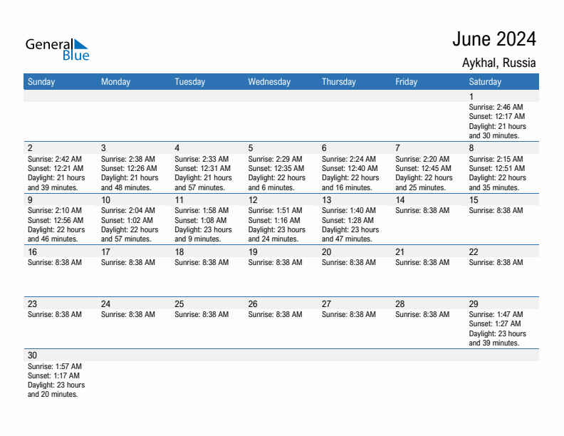 Aykhal June 2024 sunrise and sunset calendar in PDF, Excel, and Word