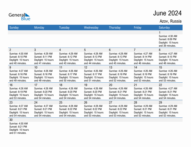 Azov June 2024 sunrise and sunset calendar in PDF, Excel, and Word