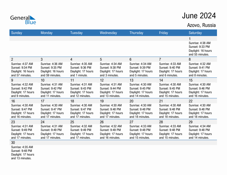 Azovo June 2024 sunrise and sunset calendar in PDF, Excel, and Word