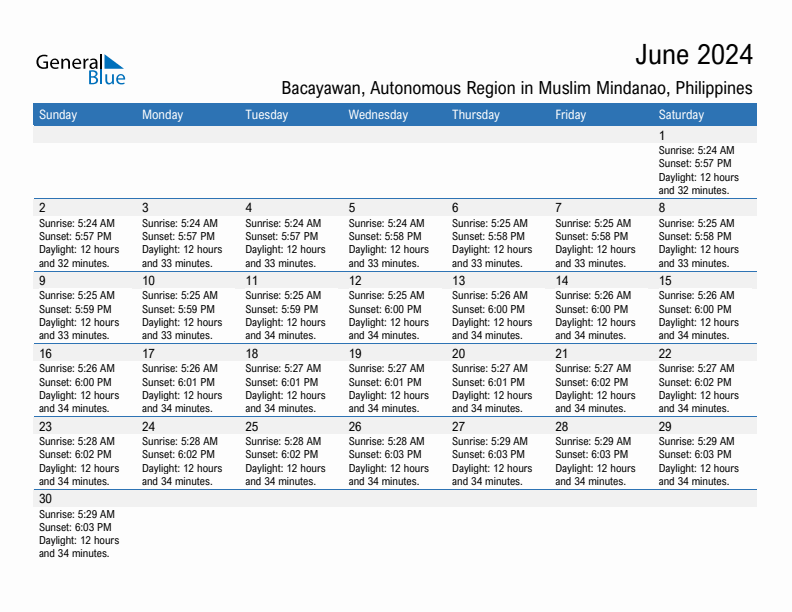 Bacayawan June 2024 sunrise and sunset calendar in PDF, Excel, and Word