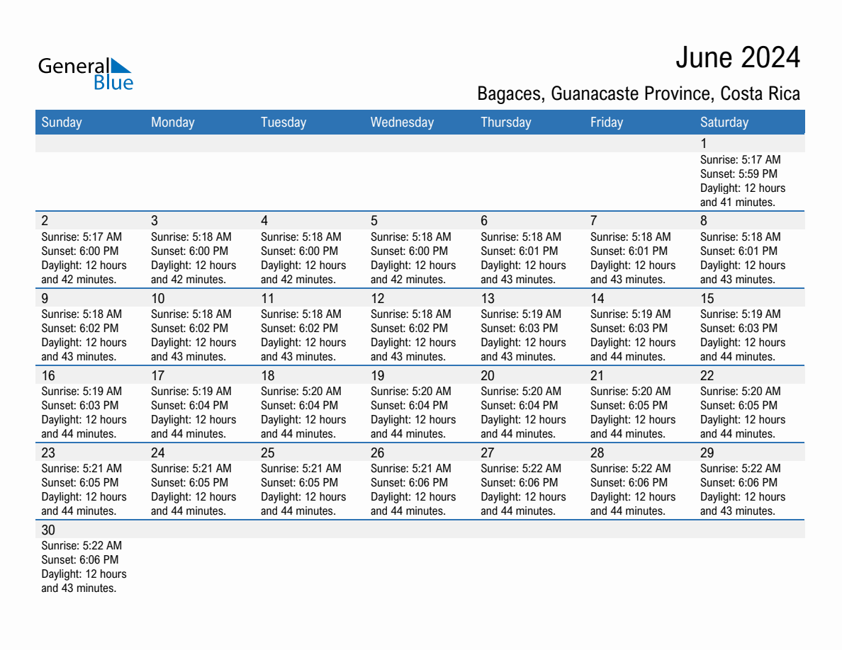 June 2024 sunrise and sunset calendar for Bagaces