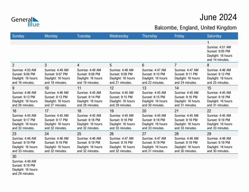 Balcombe June 2024 sunrise and sunset calendar in PDF, Excel, and Word