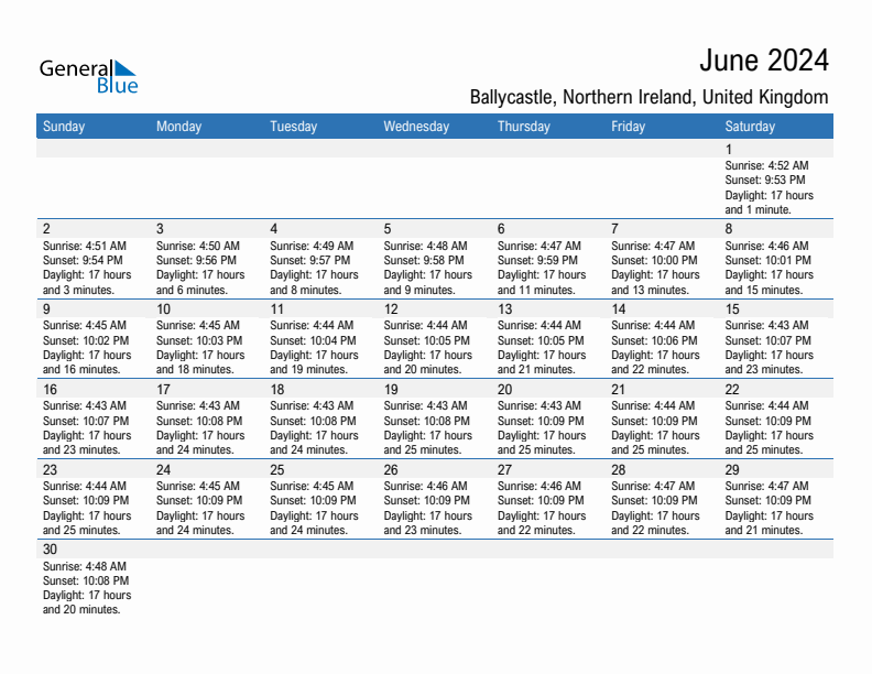 Ballycastle June 2024 sunrise and sunset calendar in PDF, Excel, and Word