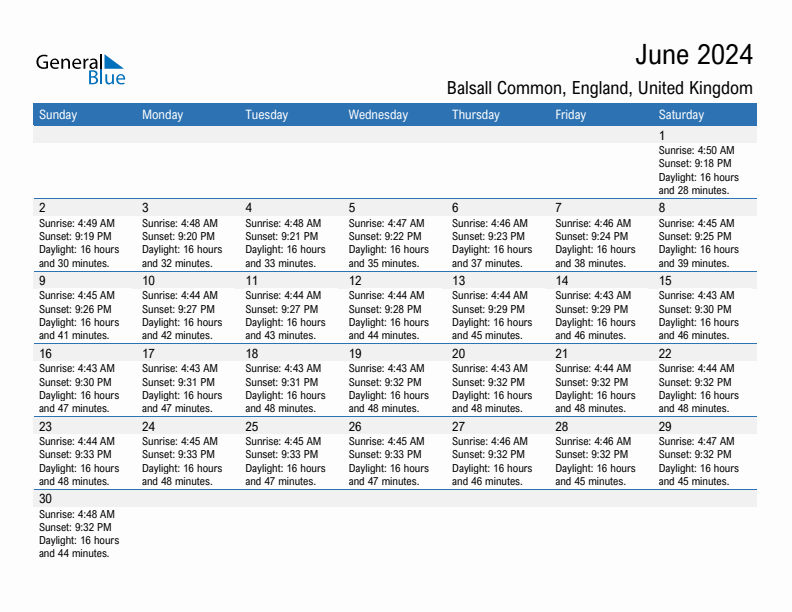 Balsall Common June 2024 sunrise and sunset calendar in PDF, Excel, and Word