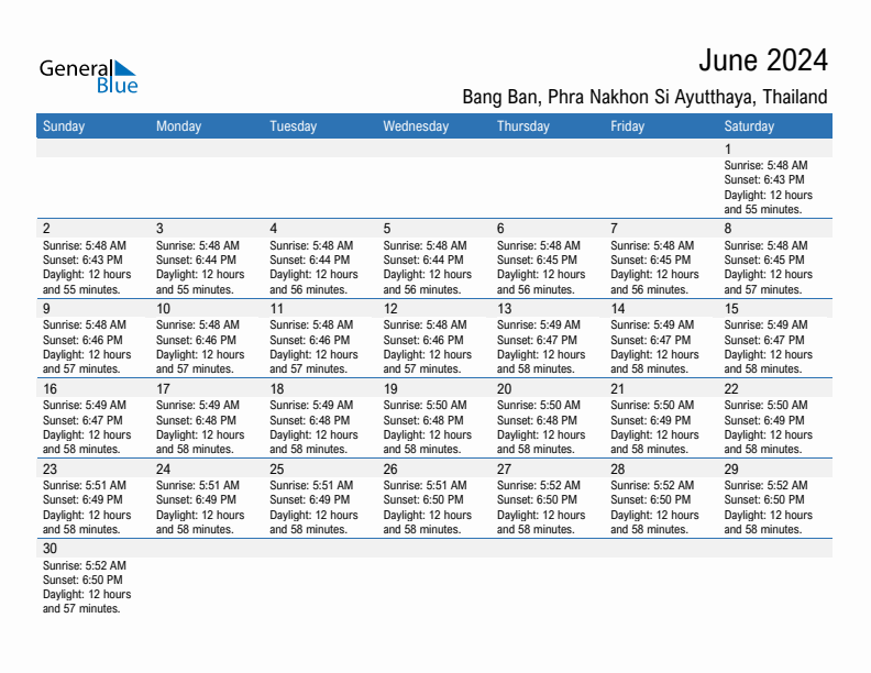 Bang Ban June 2024 sunrise and sunset calendar in PDF, Excel, and Word