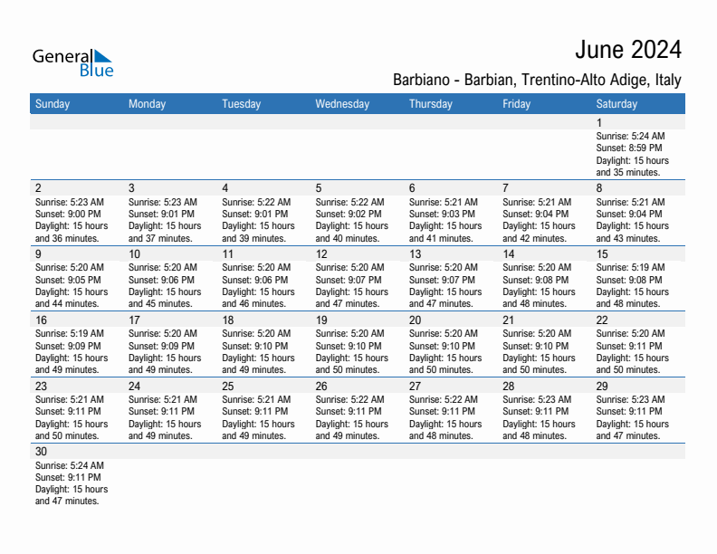 Barbiano - Barbian June 2024 sunrise and sunset calendar in PDF, Excel, and Word