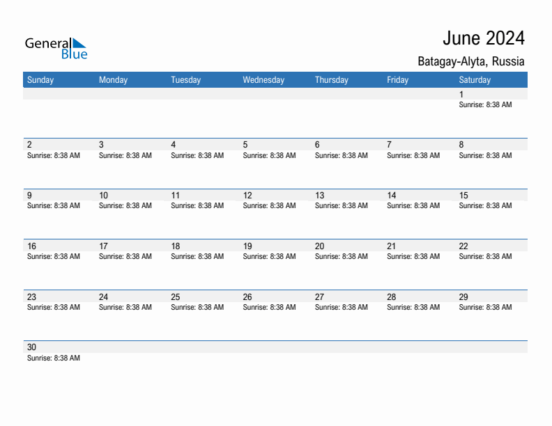 Batagay-Alyta June 2024 sunrise and sunset calendar in PDF, Excel, and Word