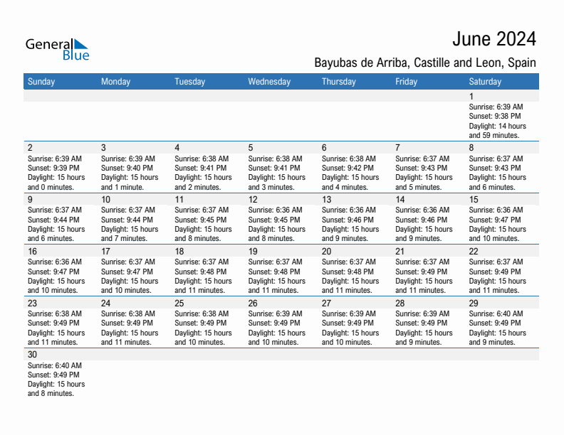 Bayubas de Arriba June 2024 sunrise and sunset calendar in PDF, Excel, and Word