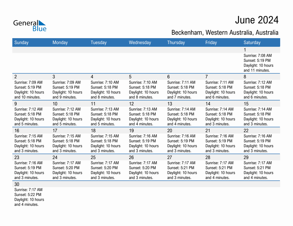 June 2024 Sunrise and Sunset Calendar for Beckenham (PDF, Excel, Word)