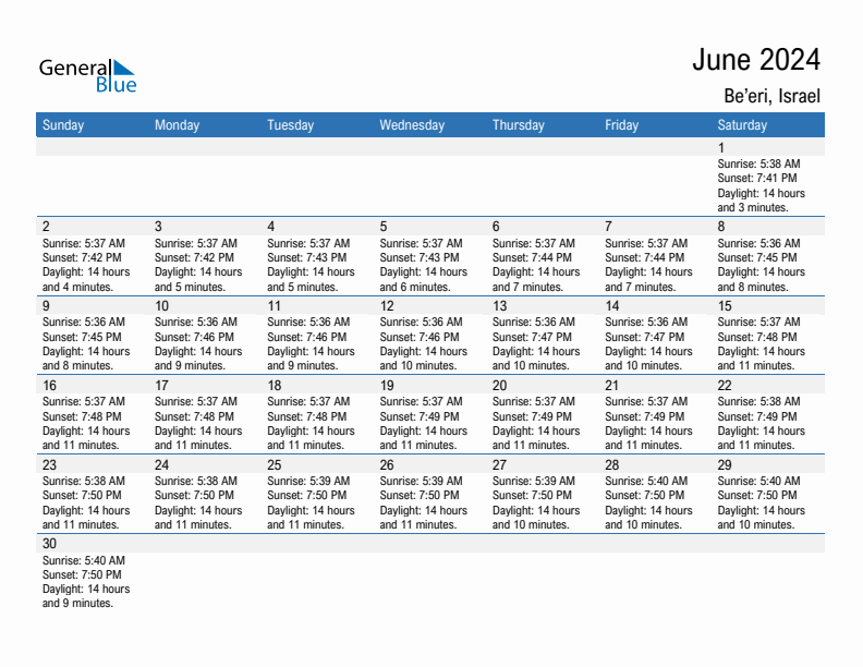 Be'eri June 2024 sunrise and sunset calendar in PDF, Excel, and Word