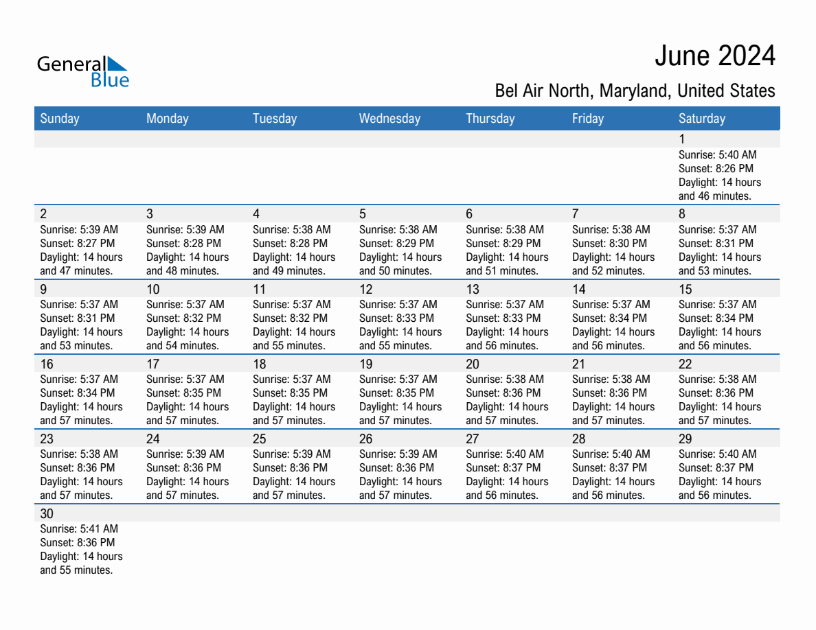 June 2024 sunrise and sunset calendar for Bel Air North
